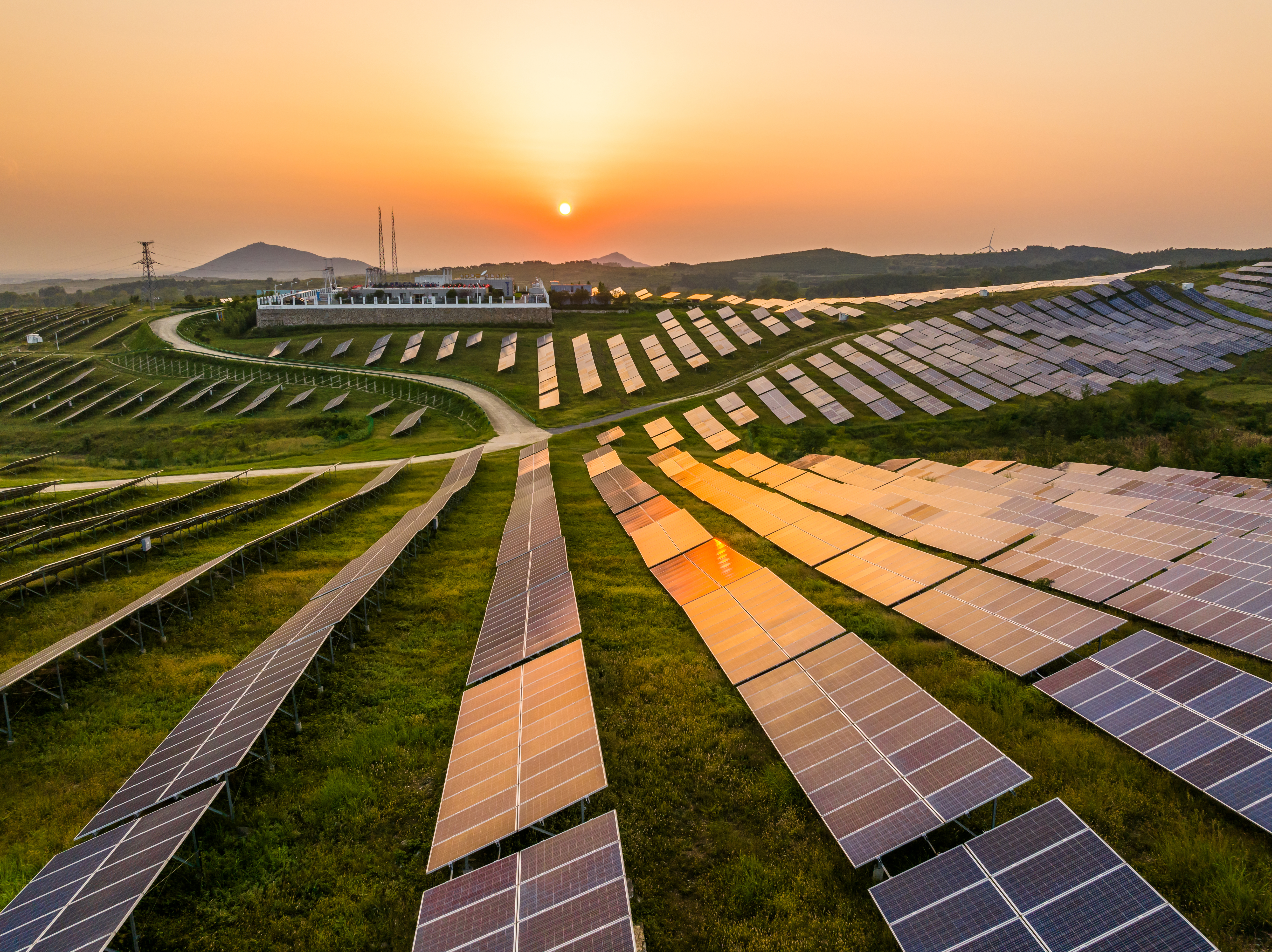 Solar farm at sunrise