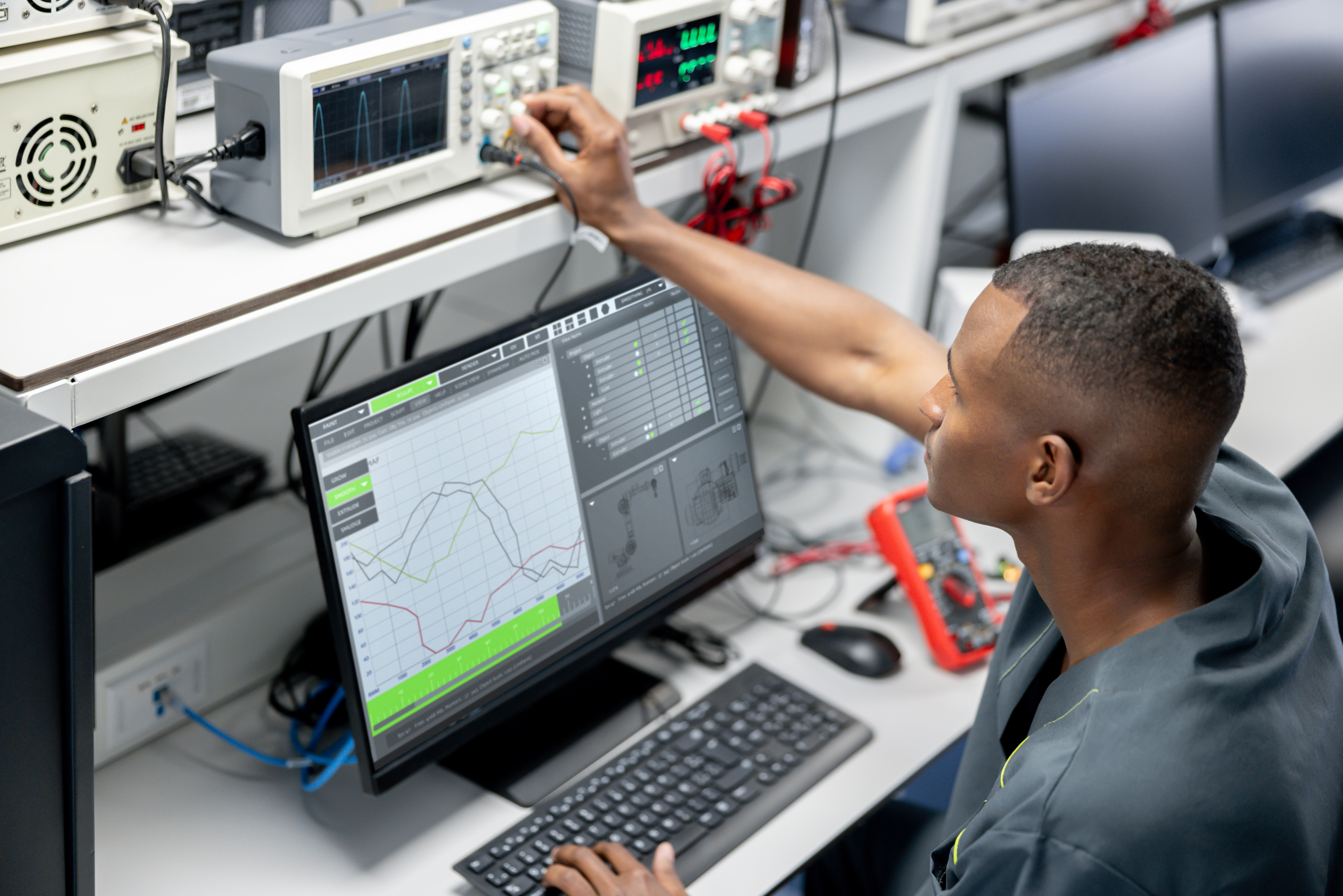 Developer using oscilloscope